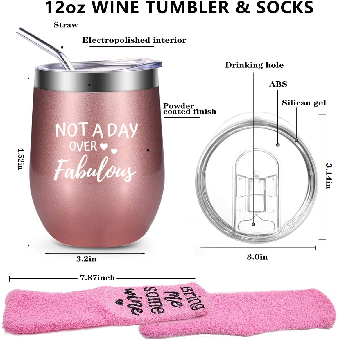 Wine Tumbler and Cupcake Wine Socks Gift Set, 12Oz Wine Tumblers Glasses Coffee Mug with Spillproof Lid and Straw, Stainless Steel Stemless Wine Cup, Best Mother'S Day Birthday Gifts for Women