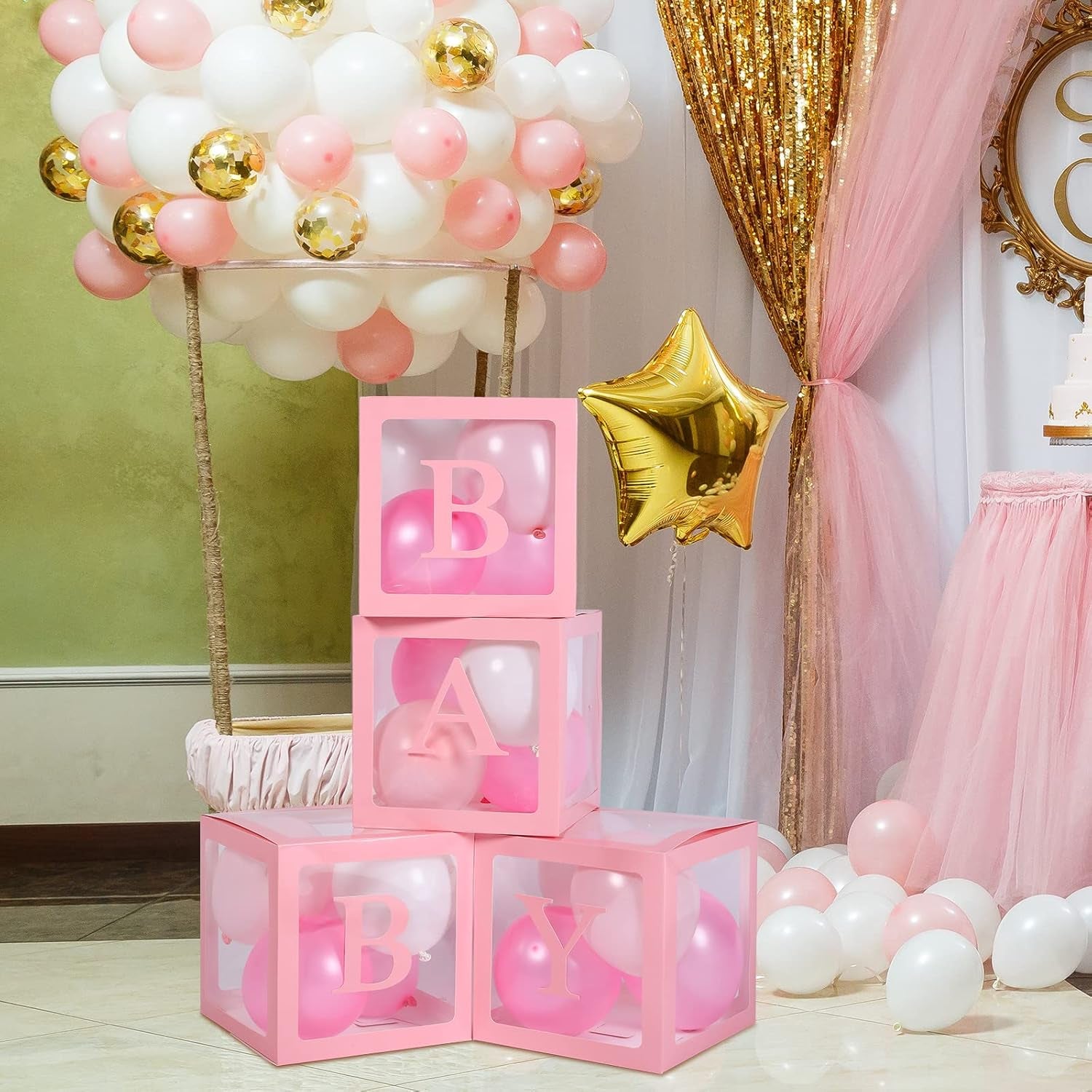 4 Pieces Baby Shower Party Box Big Baby Block Decorations with 3 Set Baby and 26 A-Z Letters, Baby Letters Party Decoration Individual Baby Blocks Design for Boys Girls (Pink)