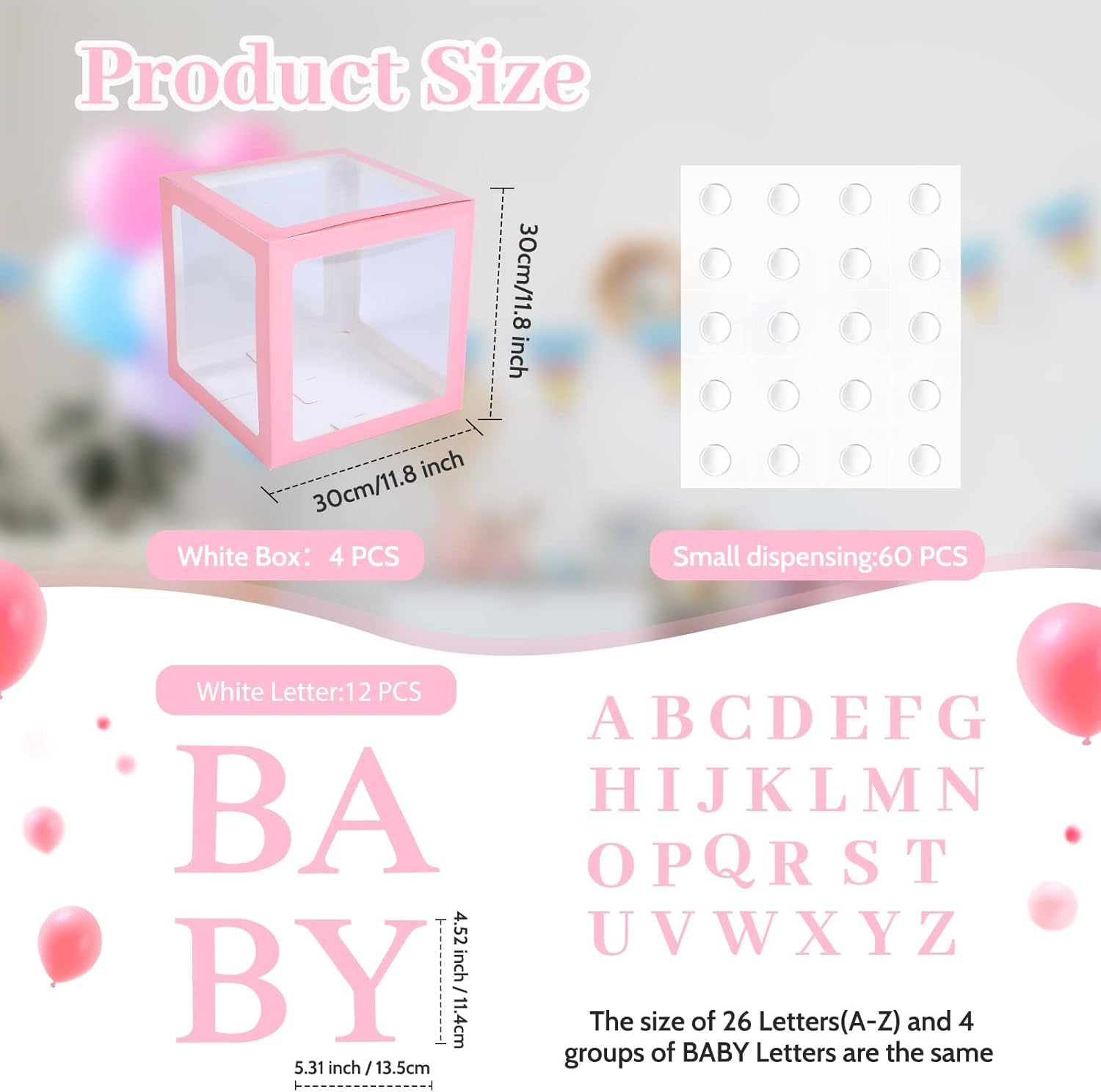 4 Pieces Baby Shower Party Box Big Baby Block Decorations with 3 Set Baby and 26 A-Z Letters, Baby Letters Party Decoration Individual Baby Blocks Design for Boys Girls (Pink)