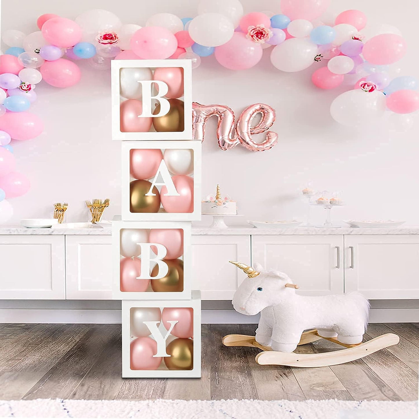 Baby Shower Balloon Box with 24 Balloons, 'BABY' Letters--Diy Clear Baby Blocks for Party Supplies Gender Reveal Birthday Party Decorations for Baby Shower, Photoshoot Props