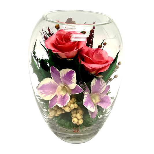 Timeless Pink Roses & Orchids: Elegant Elliptical Glass Vase