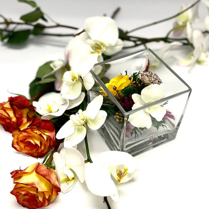 Enduring Yellow Rose & White Orchid: Stylish Cube Glass Vase