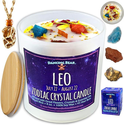 Zodiac Candle Gift Set: Healing Crystals & Stone Holder Necklace