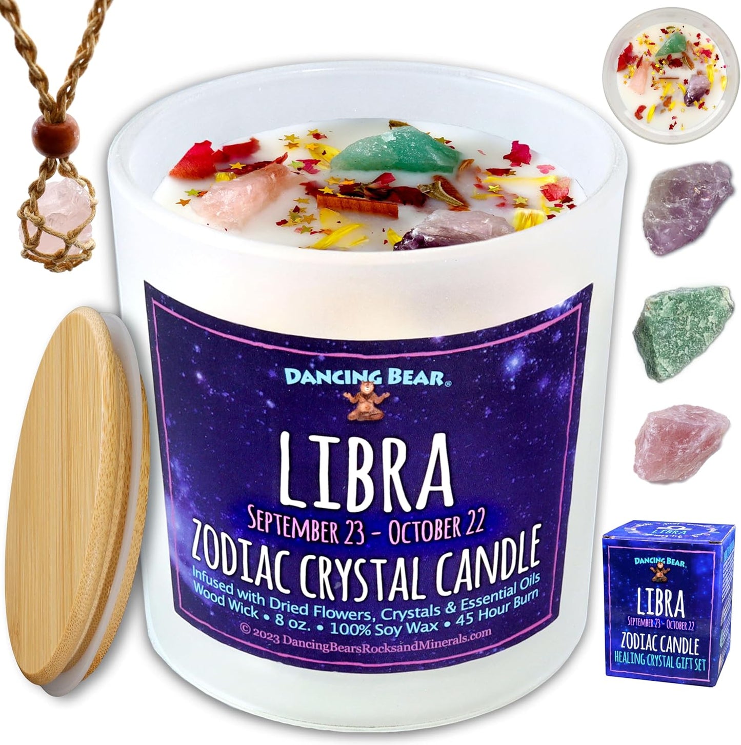 Zodiac Candle Gift Set: Healing Crystals & Stone Holder Necklace