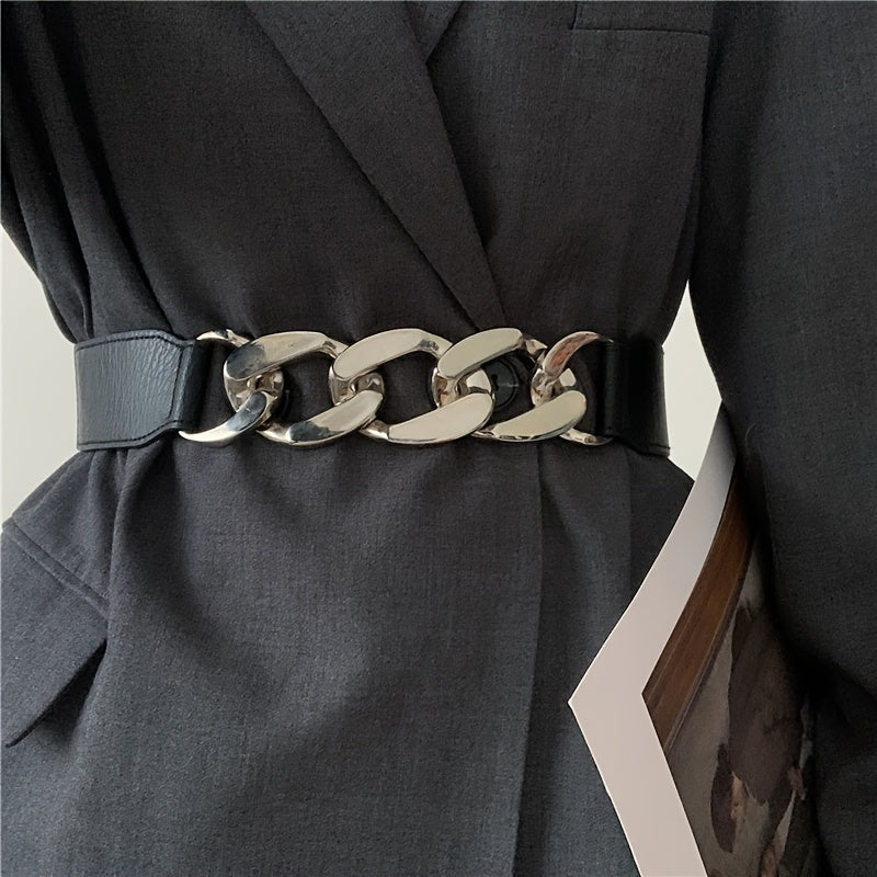 Womens Chain Decor Belt Elastic Metal Belt Casual Stylish Waist Belt Suitable For Coat Dress Ladies Commute Dating Every Day Purposes