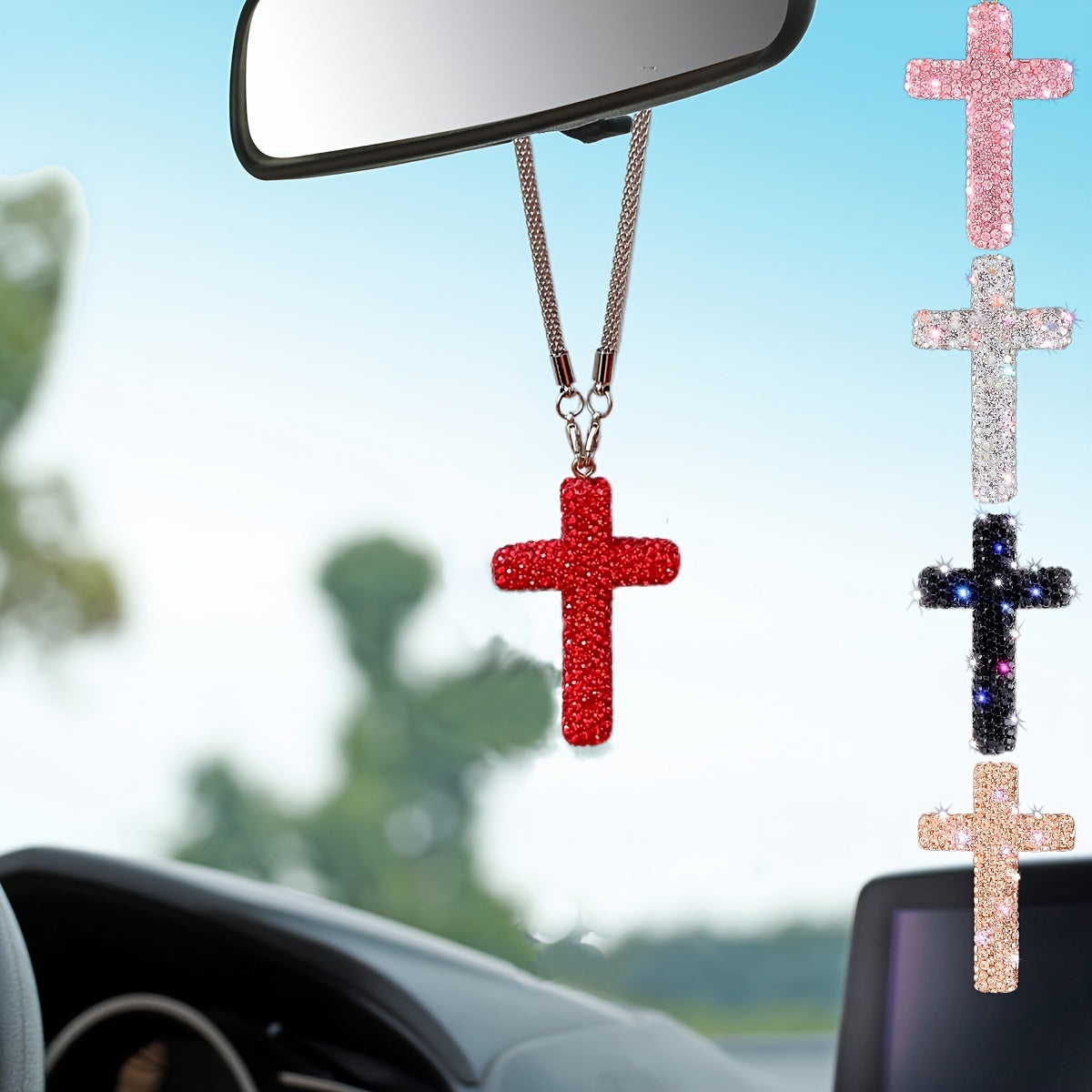 1pc Stainless Steel Cross Pendant Hanging Ornament for Vehicle Interior Decoration with Sparkling Rhinestone Detail