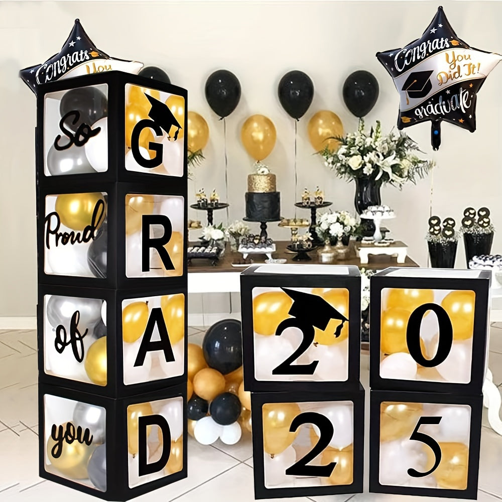 2025 Graduation Party Decoration Kit  Elegant Black  Golden Balloon Box with GRAD Letters So Proud of You Accent  Durable PVCPaper No Electricity Needed  Ideal for University Celebrations