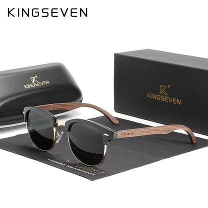 KINGSEVEN Black Walnut Wood MenS Polarized Retro SemiRimmed Glasses