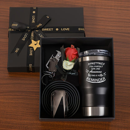 6Piece Mens Gift Set  Leather Wallet Stainless Steel Belt Tumbler with Lid Keychain Card and Artificial Flowers  Birthday Valentines Fathers Day Christmas Party Favor Box