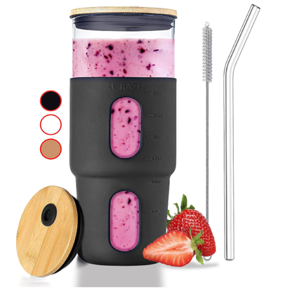 32oz Glass Tumbler, Bamboo Lid, Smoothies Drinks